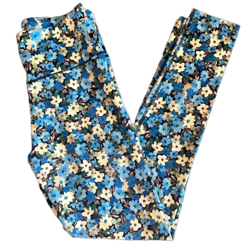 🌼Forever 21 Blue/Yellow Floral Active High Rise Leggings Size Medium EUC🌼 - Picture 2 of 7